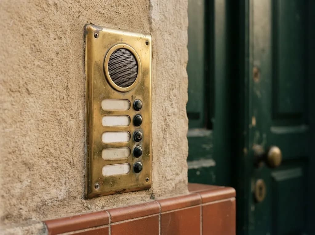 Pormenor de um intercomunicador em latão com placas de nomes à entrada de um prédio de habitação