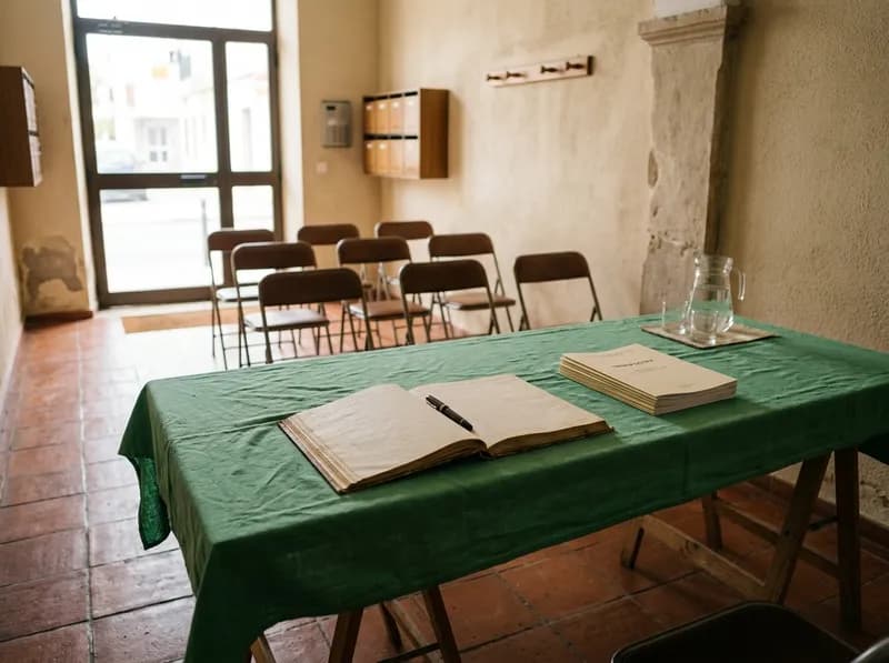 Mesa de reunião com livro de atas, caneta e cadeiras preparadas para uma assembleia de condóminos